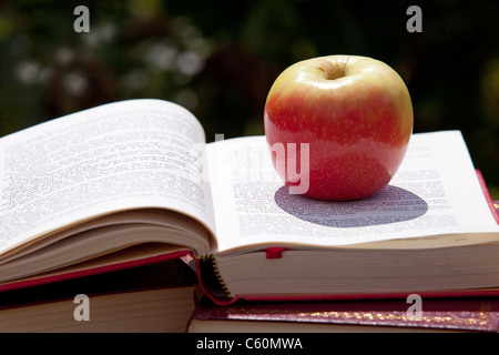 Una mela matura su un libro aperto Foto Stock
