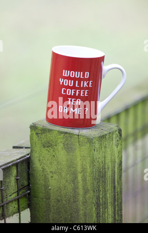 Un Rosso tazza da caffè impostata su un post Foto Stock