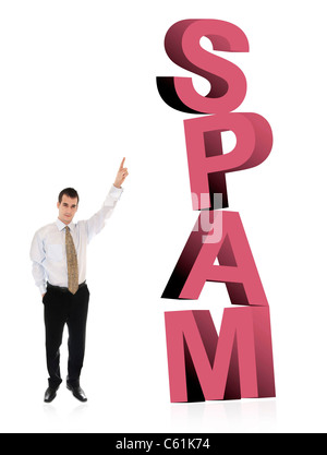 Business man puntando sulla parola spam Foto Stock