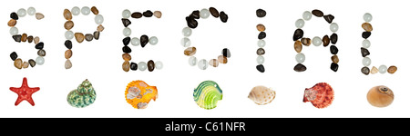 Speciale parola fatta di pietre e oggetti di mare Foto Stock