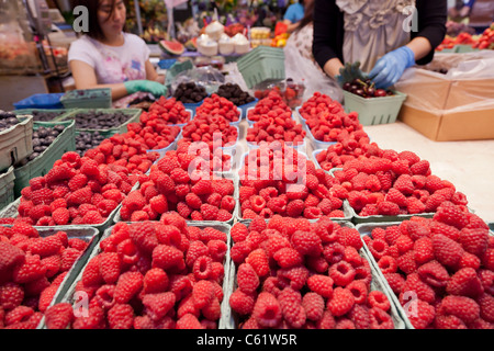 Scatole di lamponi ordinatamente disposta sul display in un mercato pubblico Foto Stock