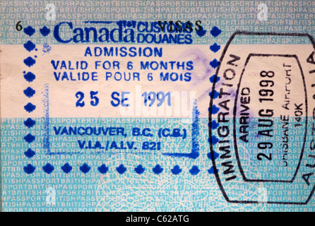 Timbro sul passaporto britannico per l' ammissione in Canada per 6 mesi, stampigliato a Vancouver Foto Stock