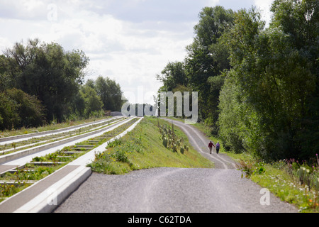 Giovane camminando accanto a Cambridge guidato Blindosbarra a St Ives Foto Stock