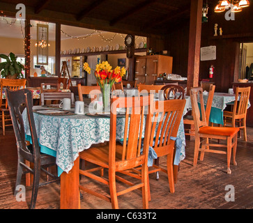 Questa immagine di stock è un vecchio casale sala da pranzo con antichi pavimenti in legno, molti oggetti di antiquariato e fiori freschi sul tavolo Foto Stock