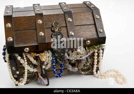 Scrigno colmo di ricchezze di perle e gioielli su sfondo bianco Foto Stock