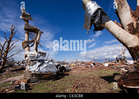 I detriti avvolto intorno scortecciato alberi dopo un tornado a Joplin, Missouri, 25 maggio 2011. Foto Stock