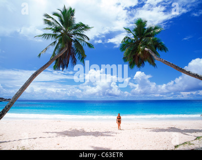 Donna camminare su spiagge di sabbia bianca ad Anse Intendance sull'Isola di Mahe in Seychelles Foto Stock