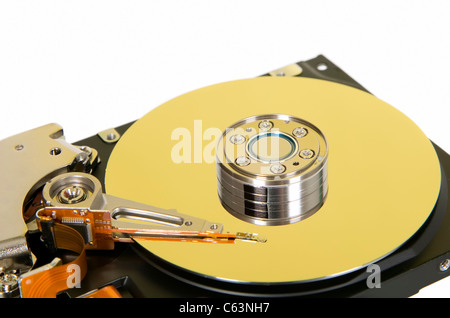 All'interno di un disco rigido, piatto con la lettura e la testina di scrittura Foto Stock