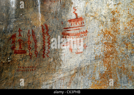 Native American Indian Rock Art chiamato petroglifi o pittogrammi si trovano lungo il principale fiume del salmone in Idaho Foto Stock