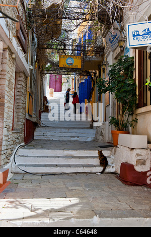 Symi,Dodecaneso greco isola,crociera sul Mar Egeo,architettura romanica, Porto,imbarcazioni,Yahts spugna,negozi,Diving,bar,Grecia Foto Stock