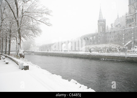 Lourdes in inverno con vista sul Santuario di Nostra Signora di Lourdes. Foto Stock