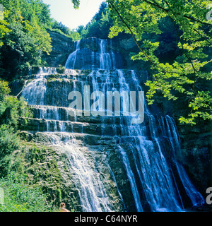 "In cascata de l'éventail' della ventola a cascata 'Cascades du Hérisson' di hedgehog cascades, Doucier, Jura, Franca Contea, in Francia, in Europa Foto Stock