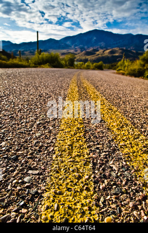 Un deserto strada che conduce al Lago di Apache nella Tonto National Forest. Doppio giallo strisce. Foto Stock