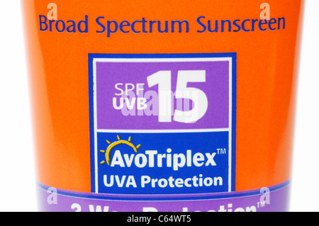 SPF 15 sunscreen etichetta close-up Foto Stock
