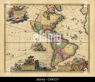 Americam utramque, 1700 Mappa delle Americhe (Nord America, America Centrale, Sud America) - Vintage Anticharian Map di Vankeulen Foto Stock