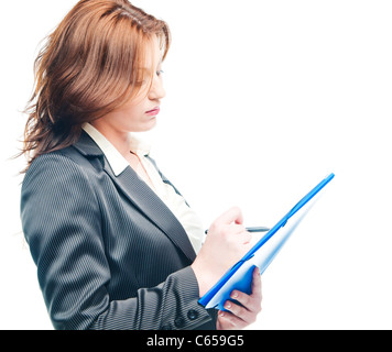 Isolato business donna che detengano un portafoglio su bianco Foto Stock