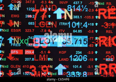 Esposizione multipla di FTSE 100 costituenti principali schermo per il trading di titoli e azioni che mostra verso il basso giorno prezzi decrescenti Foto Stock