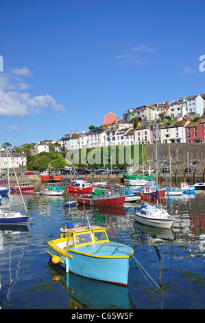 Barche ormeggiate nel porto di Brixham, Brixham, Devon, Inghilterra, Regno Unito Foto Stock