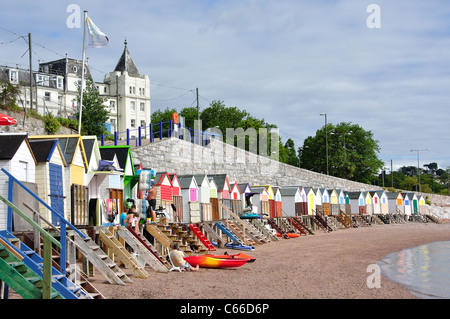 Pittoresca spiaggia di capanne, Corbyn's Beach, Torquay, Tor Bay, Devon, Inghilterra, Regno Unito Foto Stock