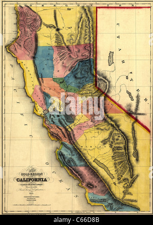 A New Map of the Gold Region in California, 1851, by Charles Drayton Gibbes - Vintage Anticharian Map Foto Stock