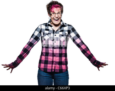 Ritratto di un giovane espressivo Excited donna ridere in studio bianco su sfondo isolato Foto Stock