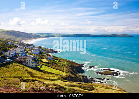 Vista sulla baia di Woolacombe verso il punto di larghi, North Devon, Inghilterra, Regno Unito Foto Stock