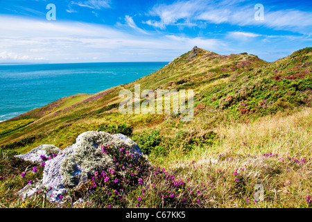 Morte Punto vicino Morthoe, Woolacombe con vista sul Canale di Bristol e Lundy Island, North Devon, Inghilterra, Regno Unito Foto Stock