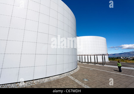 Perlan, la perla, casa della saga di museo e di accumulo di acqua calda per Reykjavik, Islanda Foto Stock