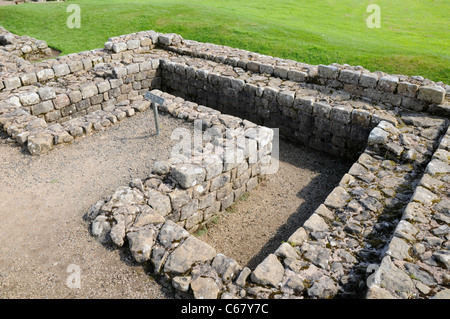 Valore facciale della metropolitana nel quartier generale (principia), in forte romano di Vindolanda, nei pressi del Vallo di Adriano, REGNO UNITO Foto Stock