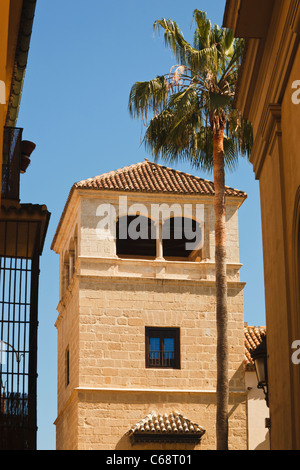 Malaga, Costa del Sol, Spagna. Torre di Palacio de los Condes de Buenavista, Calle San Agustin che ospita il Museo di Picasso. Foto Stock