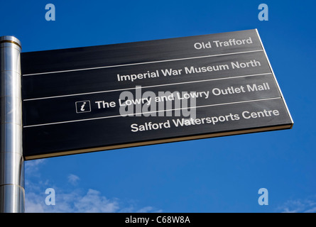 Segno indicante il modo per le varie località a Salford Quays vicino a Manchester Foto Stock