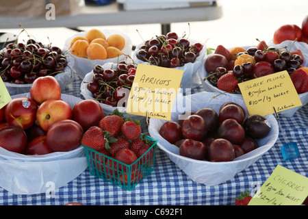 Mercato degli Agricoltori di stallo di frutta con frutta fresca in vendita Saskatoon Saskatchewan Canada Foto Stock