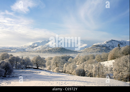 Parco Nazionale del Distretto dei Laghi, Cumbria, Inghilterra, Regno Unito. Paesaggio invernale. S.W. oltre Langdale a Wetherlam montagna da Loughrigg Foto Stock