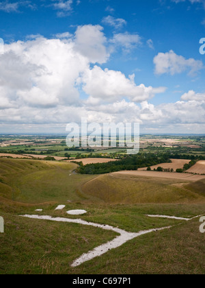 Il 3000 anno di età (età del bronzo) Uffington White Horse chalk figura su White Horse Hill, Oxfordshire, Inghilterra. Foto Stock