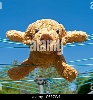 Close-up di un giocattolo morbido peluche di cane di essere lavati e appeso sul giardino linea di lavaggio. Foto Stock