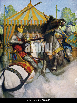 In questa giostra di fronte al royal tenda, Sir Mador lancia del (destra) si rompe a pezzi e Launcelot's mantiene intatta. Foto Stock