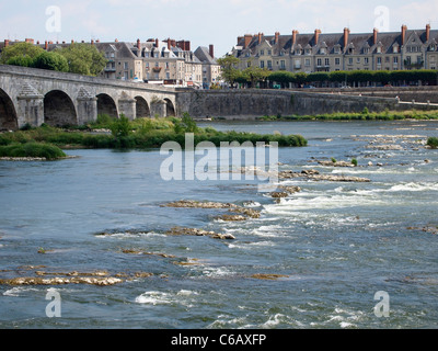 Il fiume Loira con vecchio ponte di Blois, Francia Foto Stock