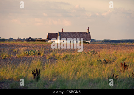 Bungalow isolati, strada di ciottoli, Suffolk, Regno Unito. Foto Stock