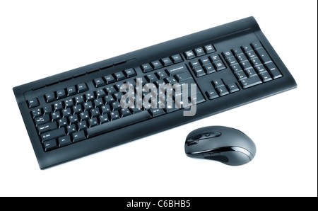 Wireless nero impostare il mouse e la tastiera del computer isolato su bianco Foto Stock