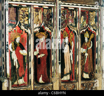 Morston, Norfolk. Rood screen, San Gregorio Magno, san Girolamo, di Sant'Ambrogio, Sant'Agostino latino Quattro Dottori della Chiesa inglese Foto Stock