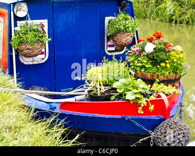 La colorata prua di una narrowboat con contenitori di piante e fiori invasati ormeggiate lungo un canale banca Foto Stock