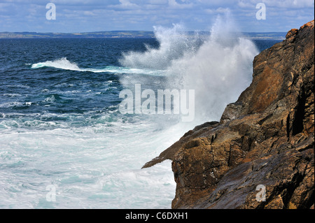 Onde si infrangono nelle rocce di scogliera lungo la costa della Bretagna, Francia Foto Stock