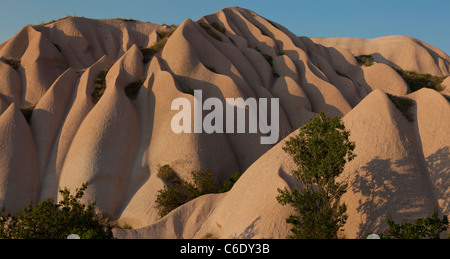 Panoramica di weathered spettacolari formazioni rocciose al tramonto vicino Uchisar Cappadocia Central Anatolia in Turchia Foto Stock