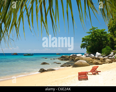 Red sedie a sdraio sulla spiaggia di Panuba, Pulau Isola di Tioman, Malaysia, Asia sud-orientale, Asia Foto Stock