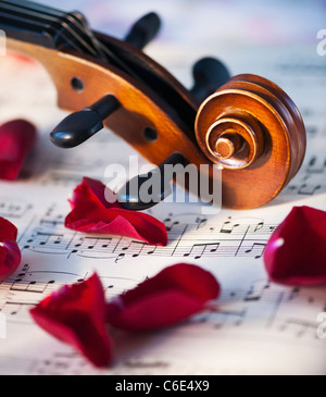 Close up di violino di scorrimento e petali di rose sul foglio di musica Foto Stock