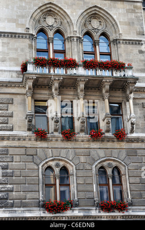 Fioriere con il rosso dei gerani sulla facciata del municipio di Vienna, Austria, Europa Foto Stock