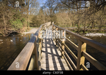 Guardando lungo la passerella di legno sul percorso del bosco sul fiume Rothay nel Parco Nazionale del Distretto dei Laghi. Rydal Grasmere Cumbria Regno Unito Foto Stock