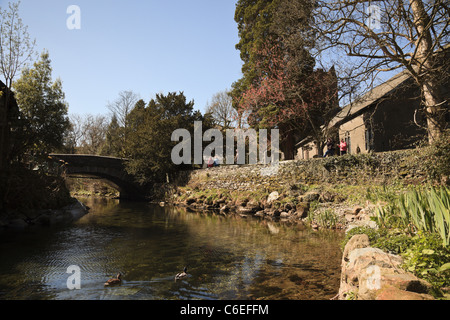 Grasmere, Cumbria, Regno Unito. St Oswald la Chiesa Parrocchiale nel villaggio accanto al fiume Rothay da Wordsworth Daffodil Garden Foto Stock