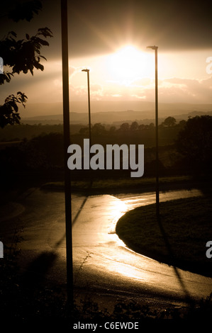 Vista astratta di strada solitaria con lampost e Dartmoor. pioggia, riflessione, road, carreggiata, pietra, street, una struttura superficiale del testo, Foto Stock