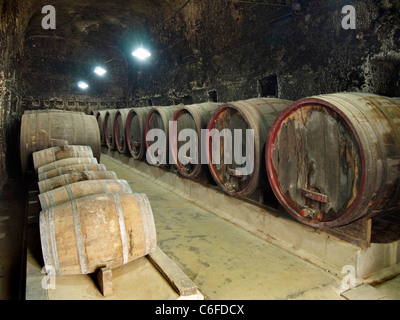 Cantina con grandi in legno barili di vino in Chateau de Brézé, Valle della Loira, in Francia. Foto Stock